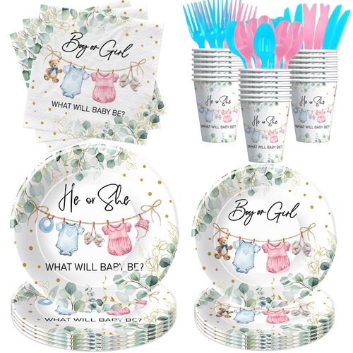 APOWBLS Gender Reveal Decorations, Greenery Baby Clothes Theme Boy or Girl Gender Reveal Baby Shower Party Supplies, He or She Paper Plates and Napkins Set, Cups, Disposable Cutlery, Serves 24