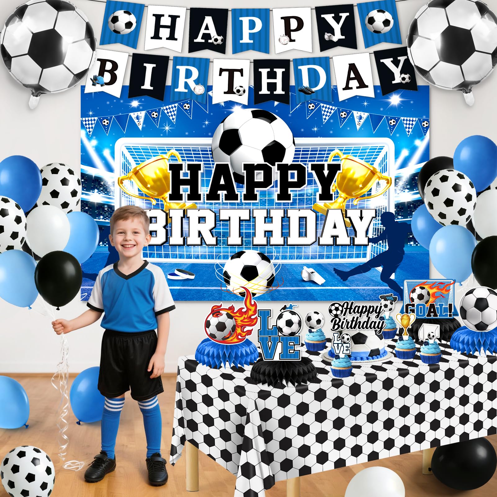 Soccer Birthday Party Decorations, 44Pcs Soccer Party Decorations with Happy Birthday Backdrop Tablecloth Foil & Latex Balloons and Cake Toppers Honeycomb Centerpieces for Boys’ Sports Party Supplies