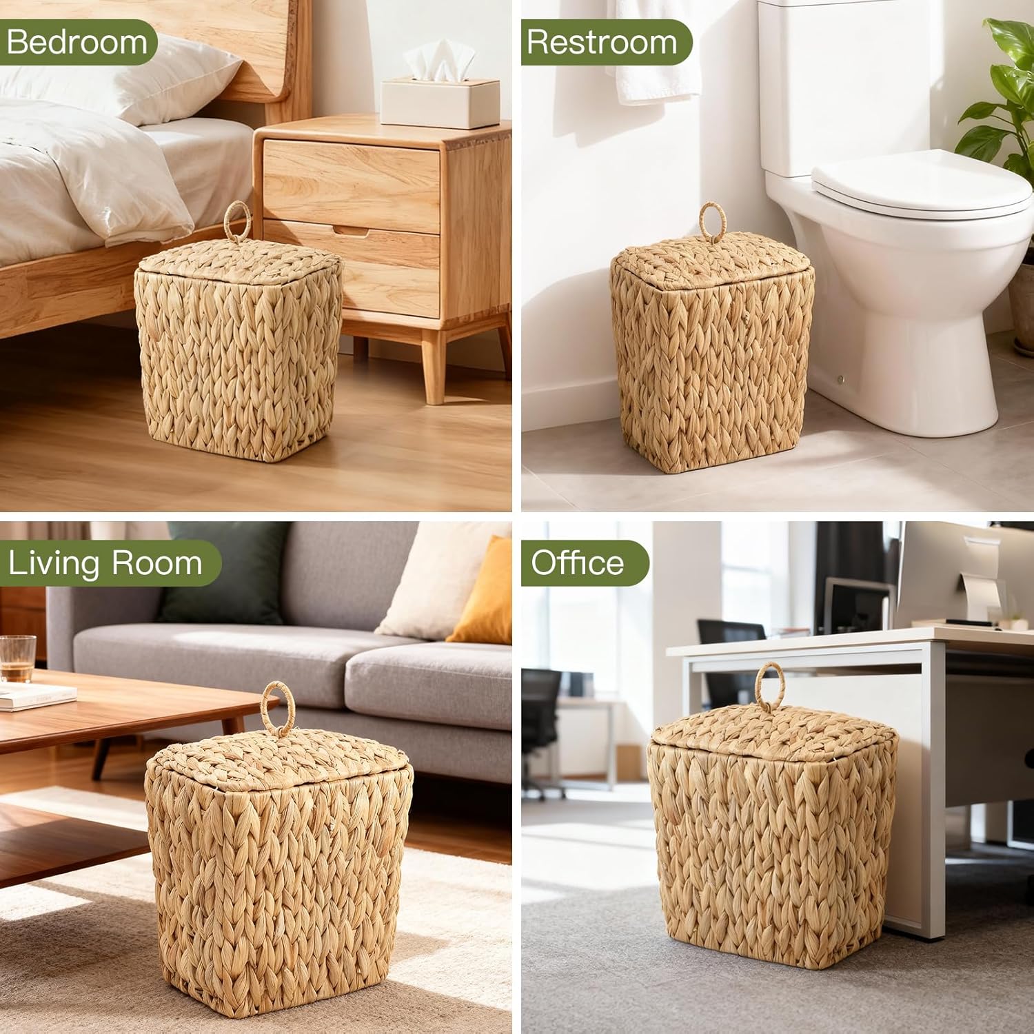 Skiennix Wicker Waste Basket - Handwoven Water Hyacinth Trash Can with Lid | Rustic Decorative 2.5 Gal for Home