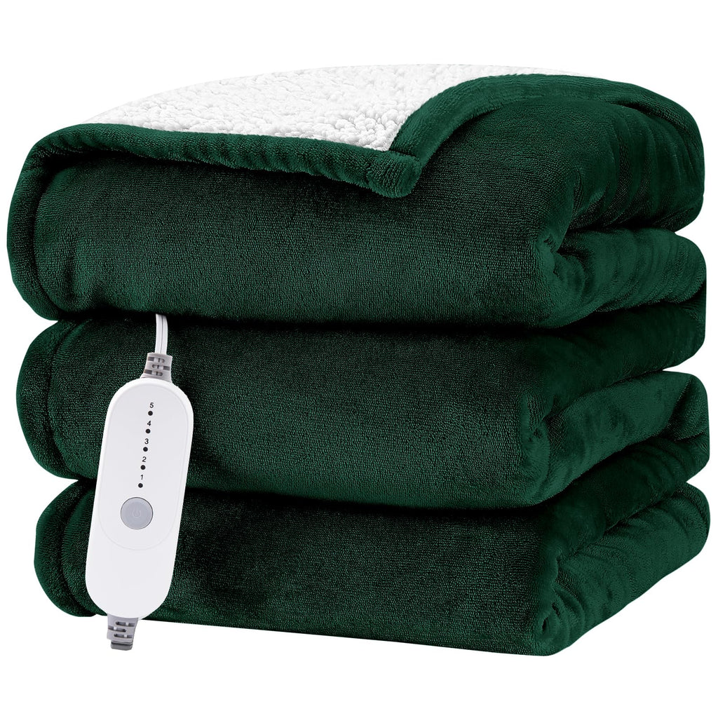 HYLEORY Heated Electric Blanket Queen 84"x90" Soft Fleece & Flannel with 5 Heating Levels & 10 Hours Timer Auto Shutt Off, ETL Certified, Washable，Heated Blanket for Body-Dark Green