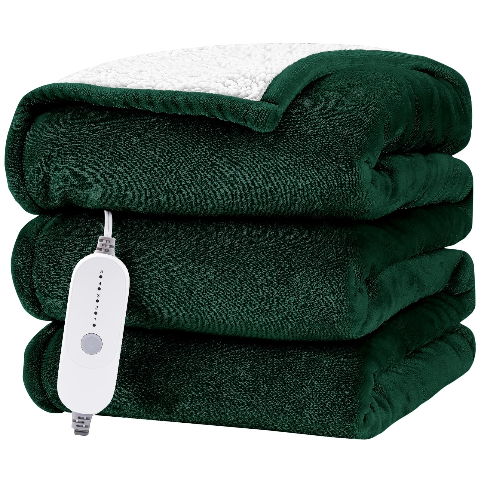 HYLEORY Heated Electric Blanket Queen 84"x90" Soft Fleece & Flannel with 5 Heating Levels & 10 Hours Timer Auto Shutt Off, ETL Certified, Washable，Heated Blanket for Body-Dark Green
