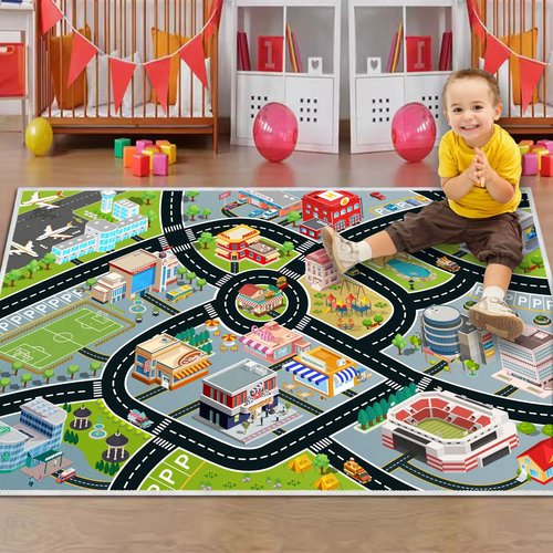 Kids Car Rug, Carpet Playmat for Toy Cars and Train, Road Traffic Play Mat for Kids, Play Area Rug with Non-Slip Backing, Ideal Gift for Children's Room playroom(2.6×3.9ft/31×47in)