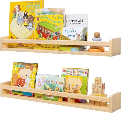 Fun Memories Nursery Book Shelves - Rustic Solid Wood Floating Bookshelf for Kids - 32-Inch Natural Wall Shelves (Set of 2)