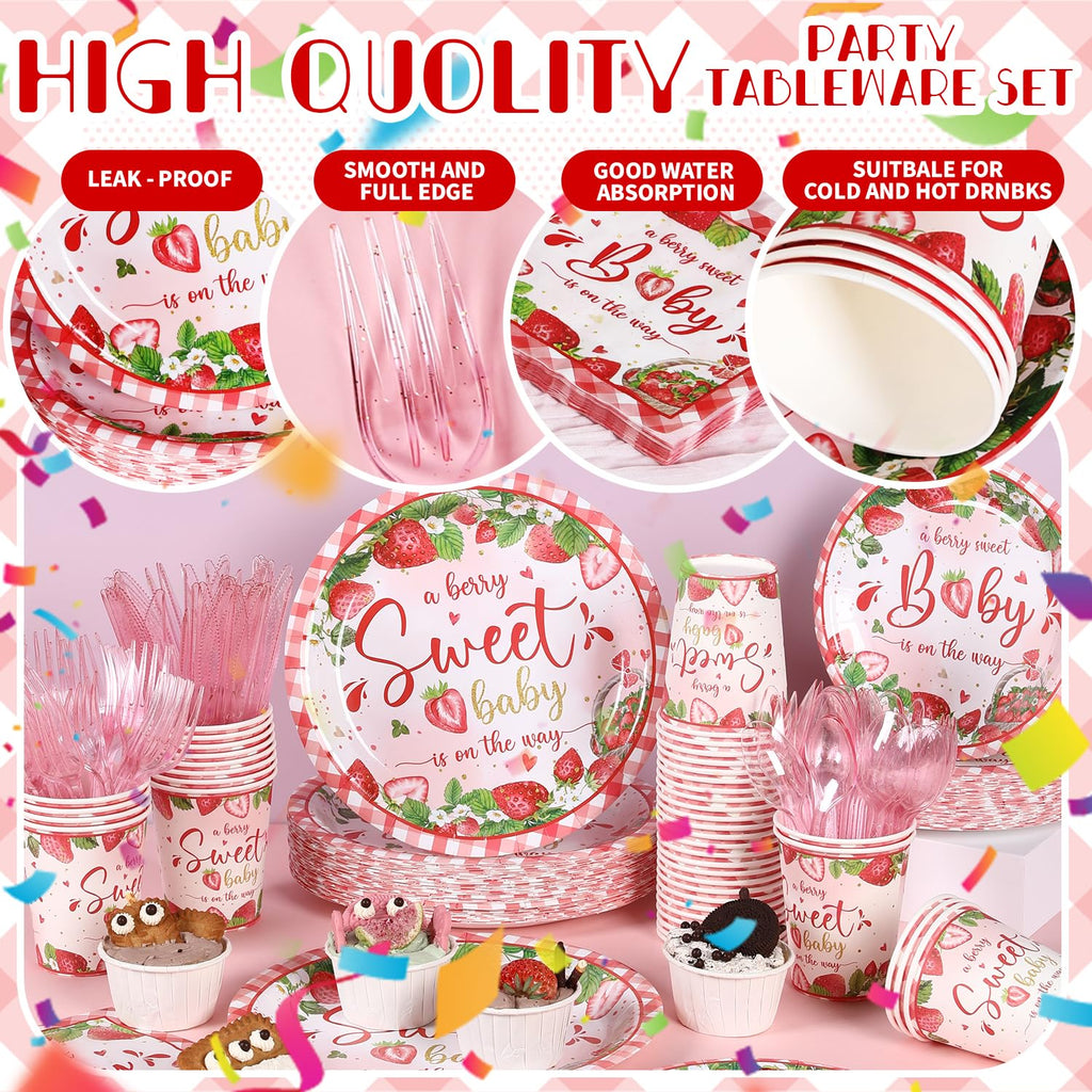 350 Strawberry Baby Shower Decorations for 50 Guests A Berry Sweet Baby is On The Way Party Supplies for Girls Disposable Dinnerware Set Paper Plates Napkins Cups