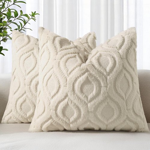 decorUhome Throw Pillow Covers - Soft Plush Faux Wool Beige | Set of 2, 18x18 Inch Square Accent Pillows