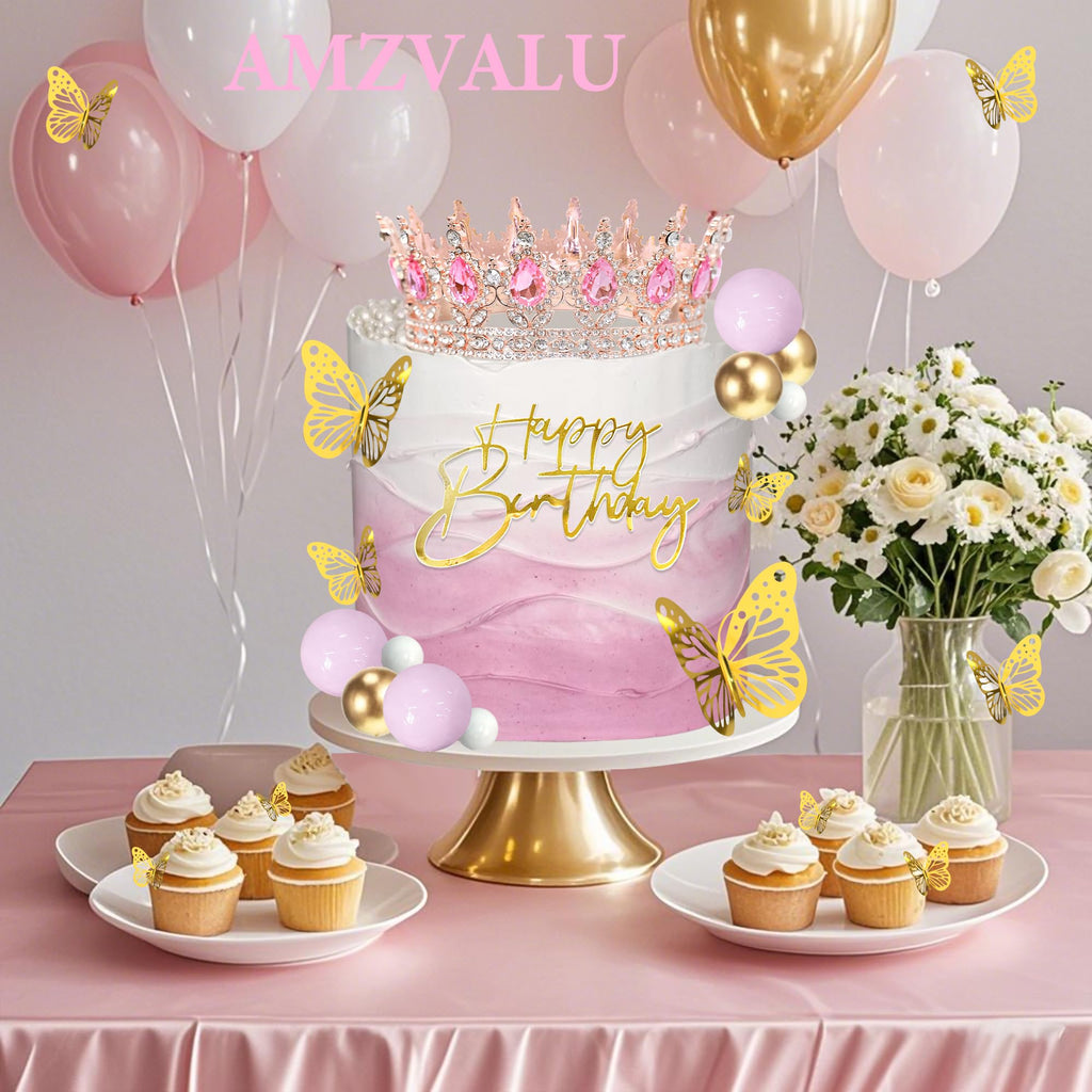 AMZVALU Crown Cake Topper, Happy Birthday Cake Toppers Pink Crown Balls Candles Gold Butterflies, Corona Para Pastel, Cake Decorations for Women Princess Queen Birthday Party Wedding (Rose Gold)