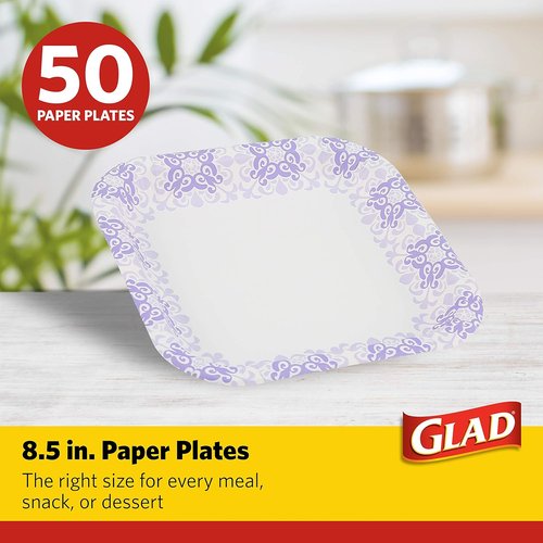Glad Square Disposable Paper Plates - Heavy Duty, Soak Proof & Microwaveable | 8.5" Diameter, 50 Count