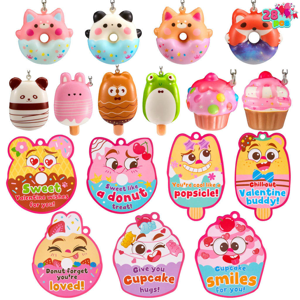 JOYIN 28 Packs Valentine Dessert squishy toys Stress Relief Keychains with Fun Dessert Cards, PU Donuts Squishy Toys, Cupcake & Popsicles Keychain, Slow-Rising Toy for Kids Classroom Gift Party Favor