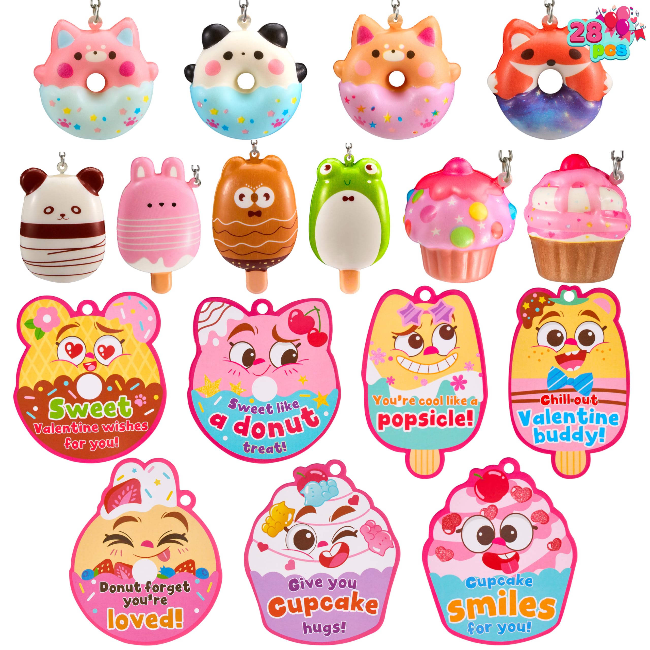 JOYIN 28 Packs Valentine Dessert squishy toys Stress Relief Keychains with Fun Dessert Cards, PU Donuts Squishy Toys, Cupcake & Popsicles Keychain, Slow-Rising Toy for Kids Classroom Gift Party Favor
