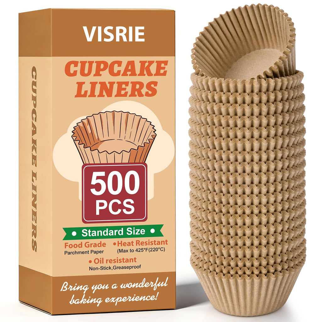 VISRIE 500Pcs Standard Cupcake Liners, Natural Parchment Paper Cupcake Liners for Baking, Grease-Proof Muffin Cups, Food-grade Baking Cups for Cupcakes, Muffins, Nuts