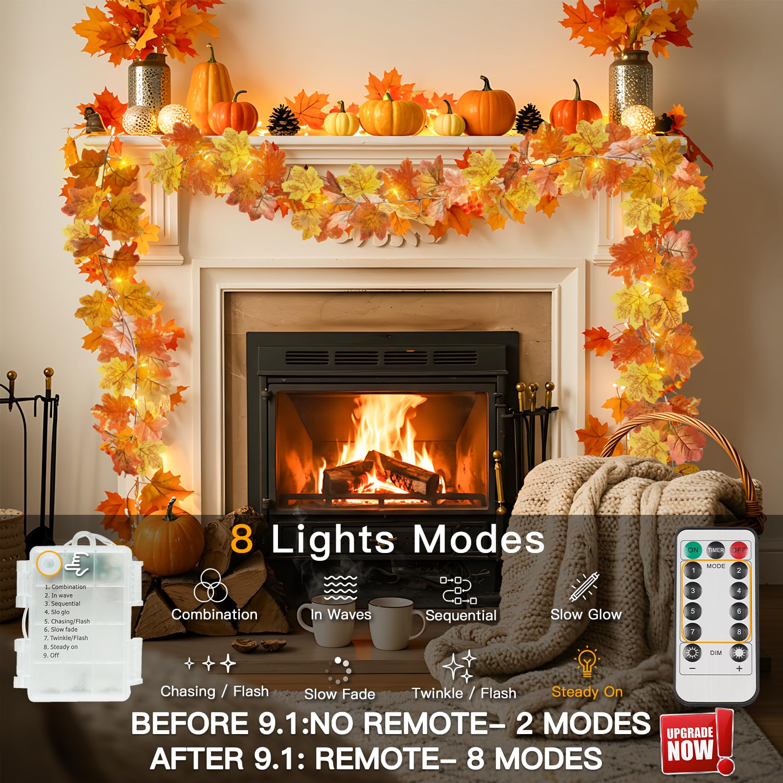 suddus Fall Leaves Garland with Lights, 20LED Battery Operated Fall Lights with Timer, Thanksgiving Decoration for Home, Table, Mantle, Office, Outdoor, Autumn, Halloween, Yellow