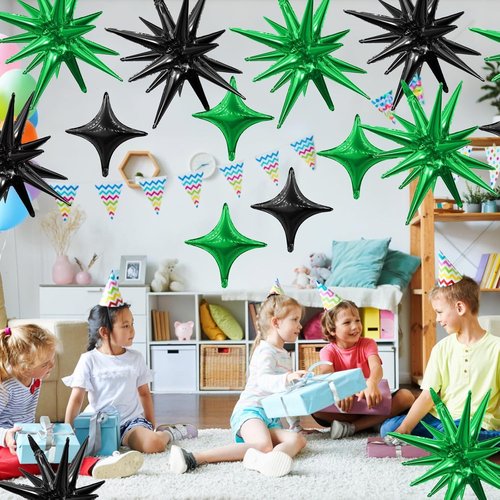 Black Green Star Balloon Set - 6 Pcs 22-Inch Explosion & 10 Pcs 10-Inch Balloons for Parties