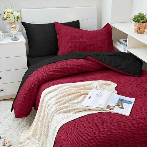 HYMOKEGE Twin XL Comforter Set - Red & Black Seersucker 5-Piece Luxury Bedding Set for All Seasons