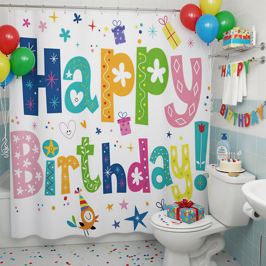 ZCHOMI Happy Birthday Shower Curtain Kids Birthday Party Rainbow Shower Curtains for Bathroom Waterproof Polyester Fabric Bathroom Curtain 72 x 72 Inch with 12 Plastic Hooks
