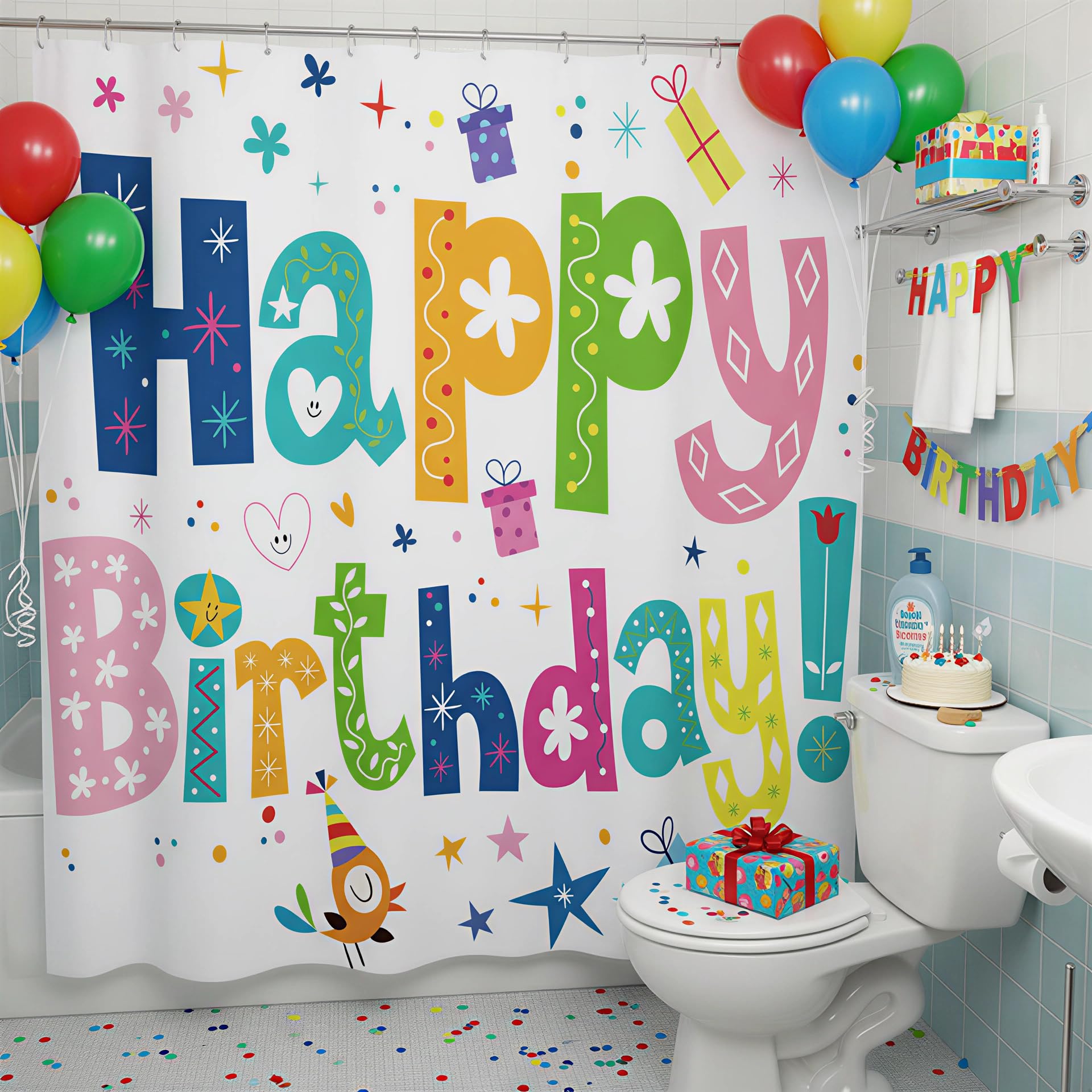 ZCHOMI Happy Birthday Shower Curtain Kids Birthday Party Rainbow Shower Curtains for Bathroom Waterproof Polyester Fabric Bathroom Curtain 72 x 72 Inch with 12 Plastic Hooks
