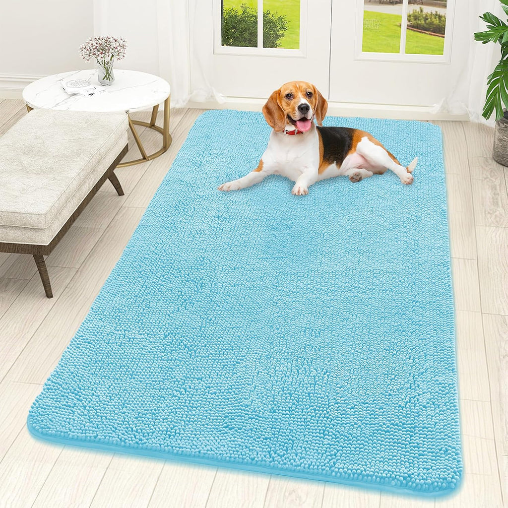 OLANLY Dog Door Mat - Absorbent Non-Slip Washable Doormat for Muddy Paws | 59x32 Blue Chenille Mat