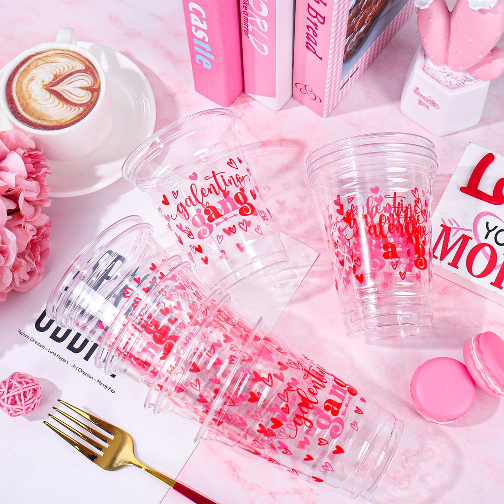 Whaline 50 Pcs 12 Oz Galentines Day Disposable Cup Plastic Party Cup Galentines Gang Heart Clear Glasses for Girls Ladies Valentine's Day Party Coffee Juice Drink Supplies Decorations