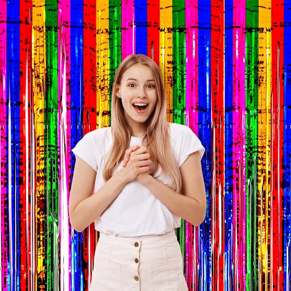 Voircoloria Rainbow Foil Fringe Backdrop Curtains - 3 Pack Tinsel Streamers for Parties & Events | 3.3x8.2 Feet