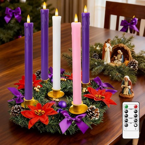 Lezonic Flameless Advent Candles - Battery Operated Set of 5 Wax Taper Candles for Christmas Decor | 3 Purple, 1 Pink, 1 White