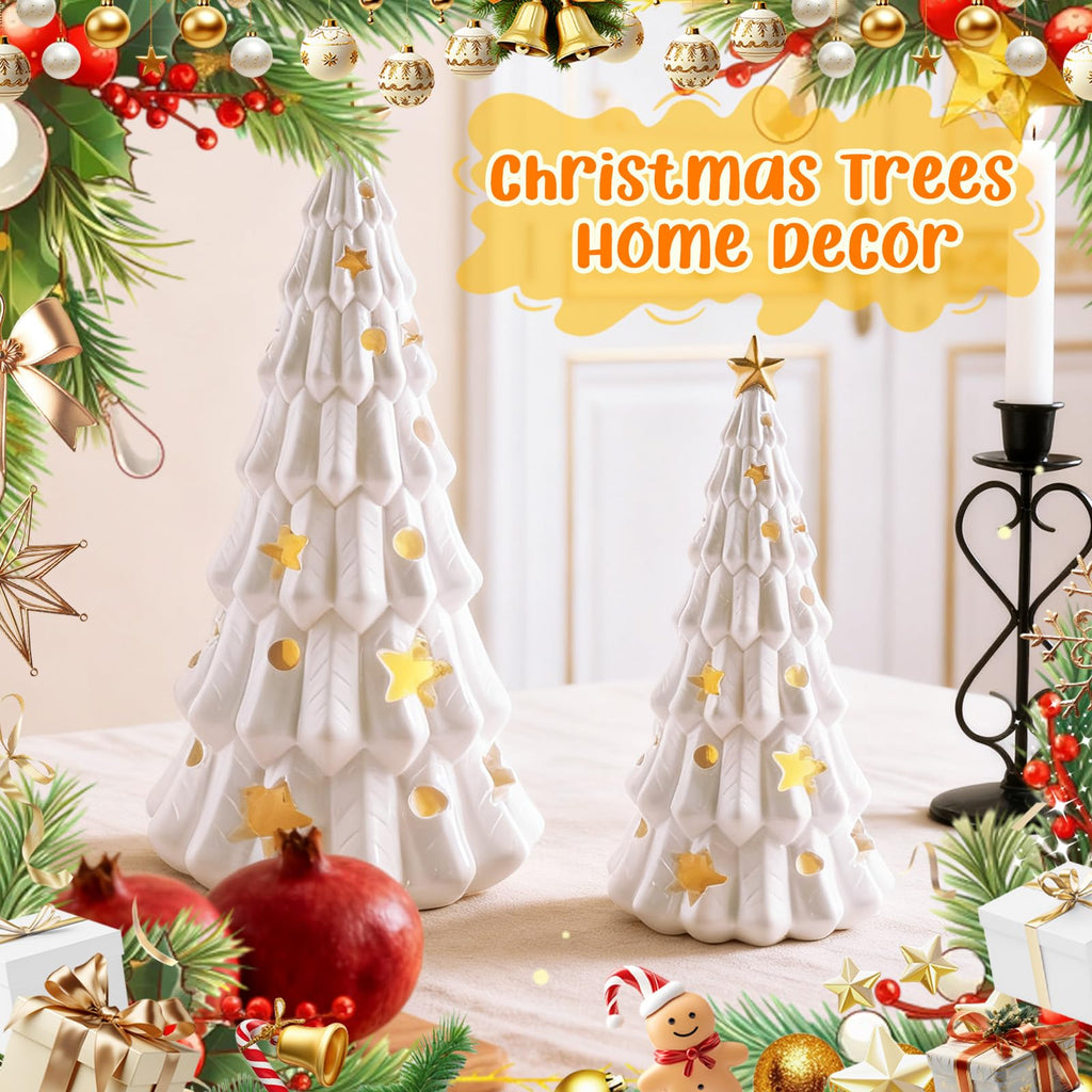 Wowagoga 2 Pcs White Christmas Tree Figurines, Small Xmas Tree with Glossy Finish Table Centerpiece Decor Stars and Dots Cutouts for Home Decoration
