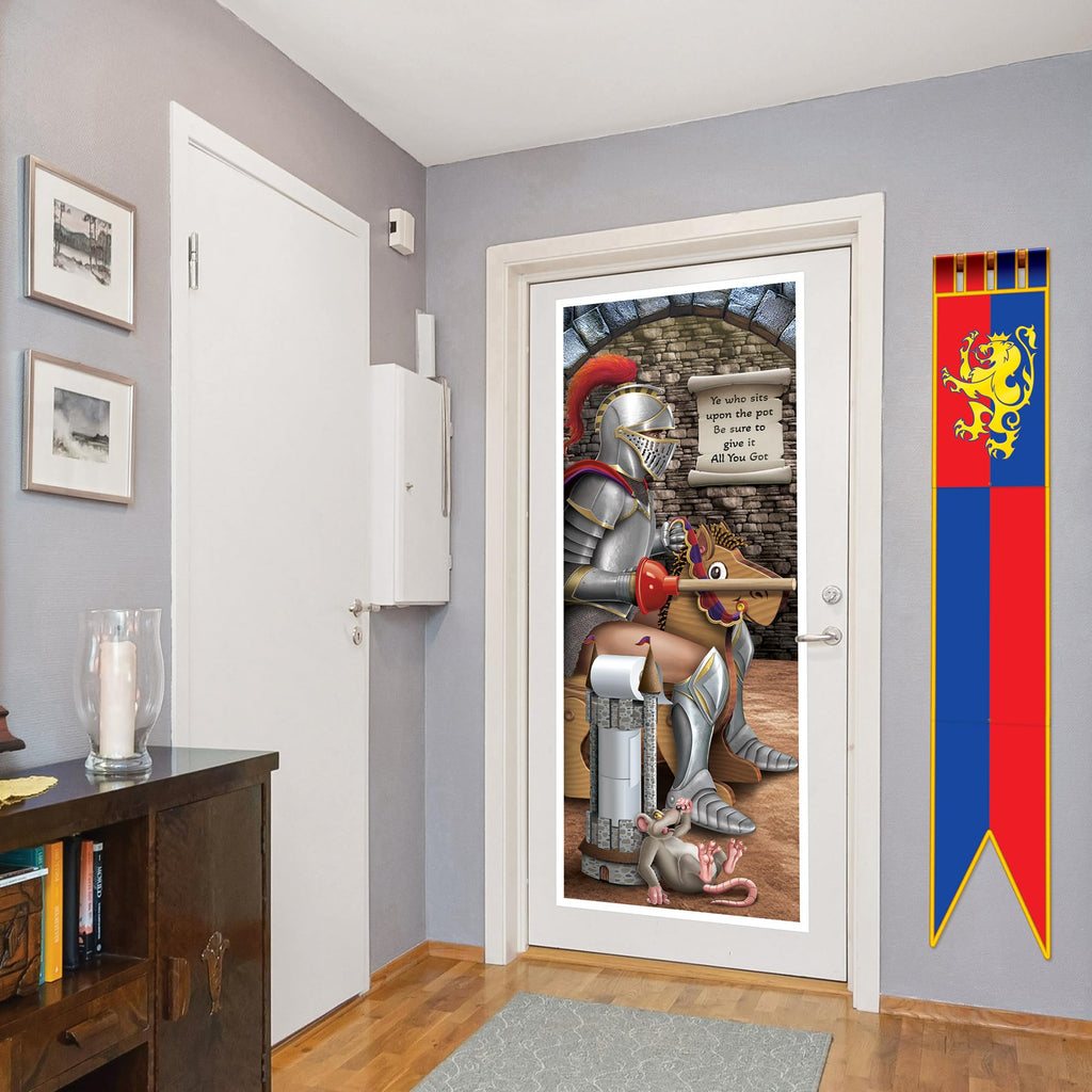 Beistle Knight Restroom Door Cover – 2 Pack, Medieval Castle Bathroom Party Decorations, Funny All-Weather Plastic Backdrop for Renaissance Fairs, Festivals, Birthday Parties, Themed Events, 6’ x 30”