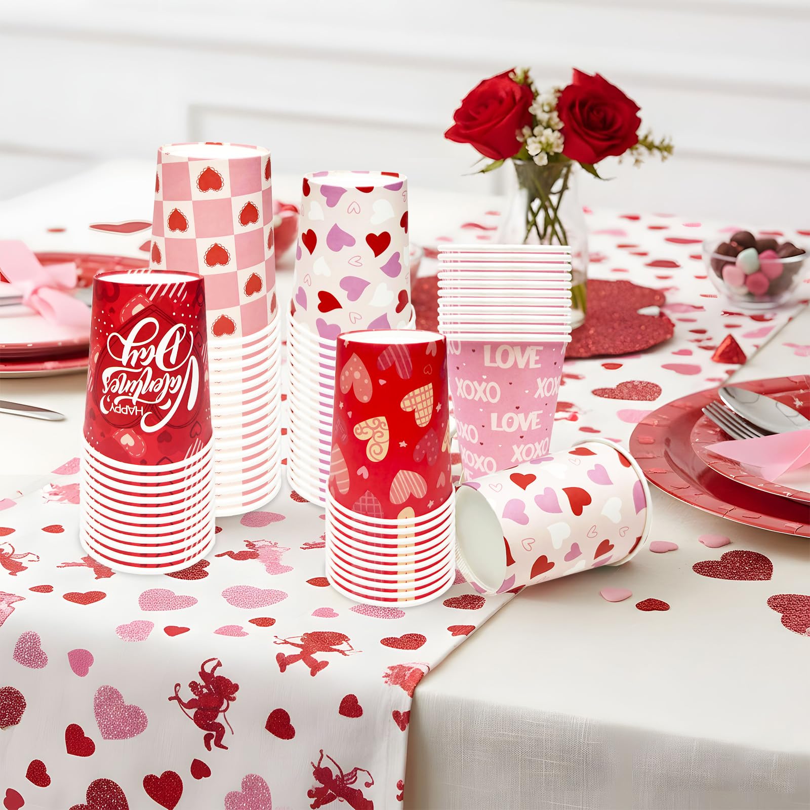 YQUQWN 50Pcs Valentine Paper Cups 9oz – 5 Heart Designs Disposable Valentine Cups Red Paper Party Drinkware for Coffee Juice Weddings Gatherings