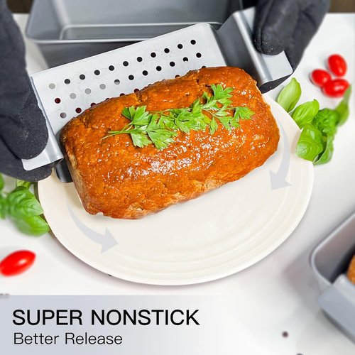 HONGBAKE Nonstick Meatloaf Pan Set - 4 Pack with Drain Tray | 9 x 5 Inches, Grey Baking Pans