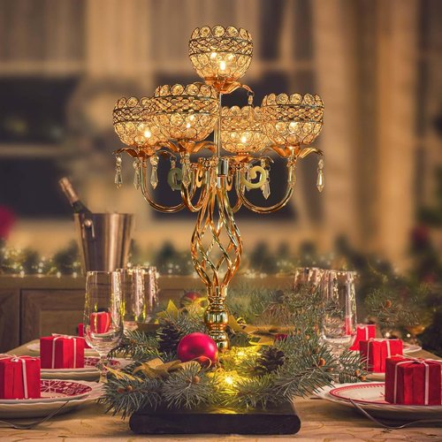 Elegant 5-Arm Candelabra Centerpiece - 23.6 Inch Tall with Crystal Pendants for Weddings & Home Decor