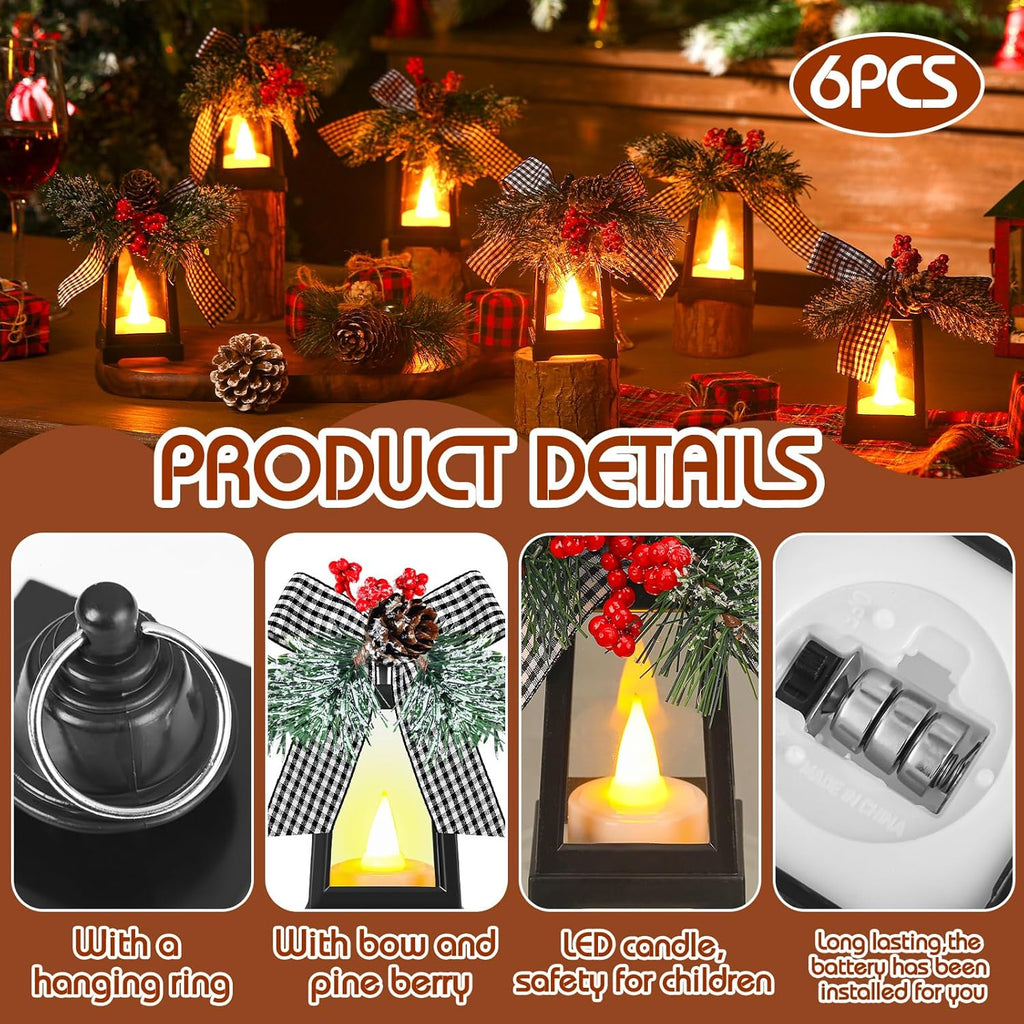 Regine Switzerland Set of 6 Christmas Mini Lanterns - Flickering LED Flameless Candle | Black and White Bow