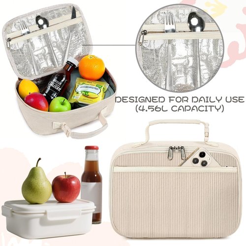 GODWOODS Cute Lunch Bag for Women & Men Corduroy Small Lunch Box with Cooler & Organizer Compartments Insulated Lunch Tote Bag for Travel Work (Beige)