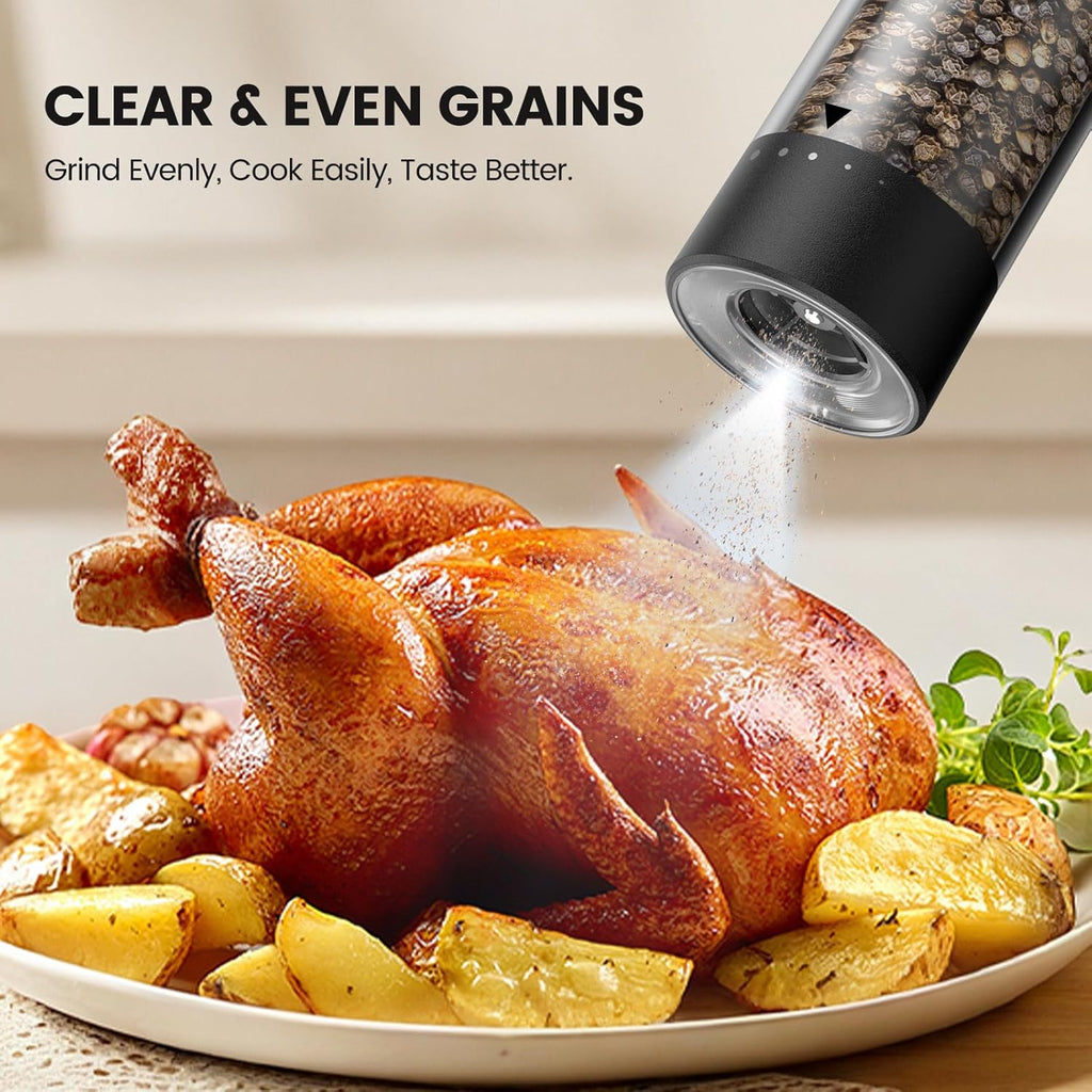 Skiennix Electric Salt and Pepper Grinder Set - Rechargeable Automatic Shakers with Adjustable Coarseness | 2-Pack Black/White