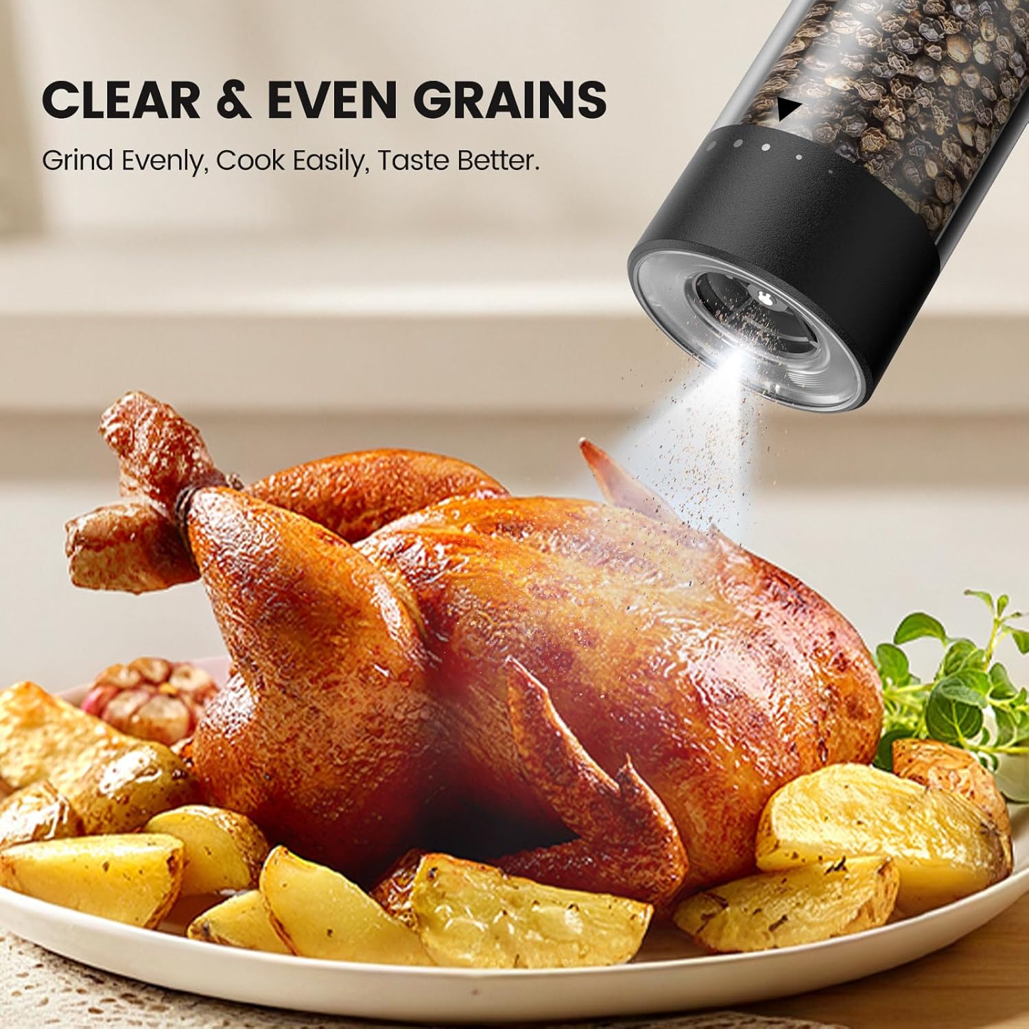 Skiennix Electric Salt and Pepper Grinder Set - Rechargeable Automatic Shakers with Adjustable Coarseness | 2-Pack Black/White