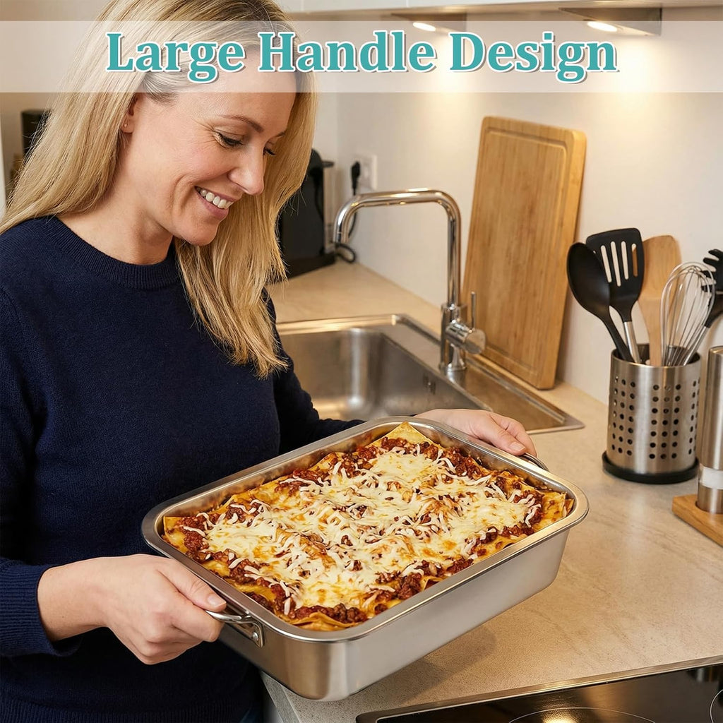 Stainless Steel Lasagna Pan by [Brand Name] - 4 Inch Extra Deep with Lid & Handles | 14x10.6 Inch Nonstick Roasting Dish