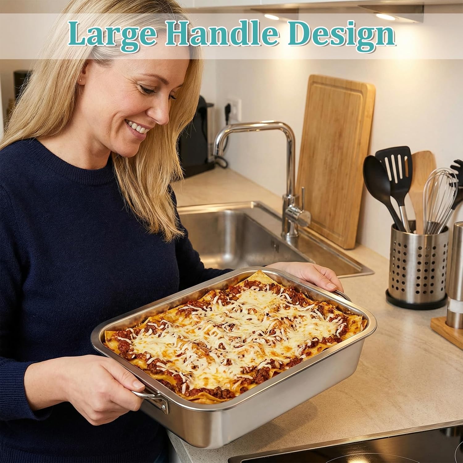 Stainless Steel Lasagna Pan by [Brand Name] - 4 Inch Extra Deep with Lid & Handles | 14x10.6 Inch Nonstick Roasting Dish