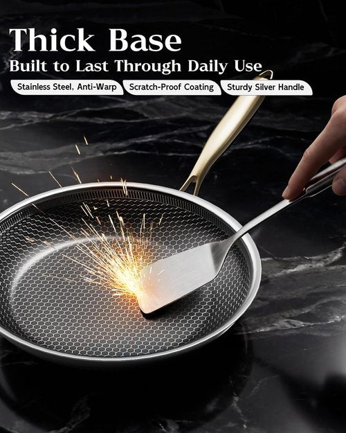 Honeycomb Stainless Steel Frying Pan - 8 Inch Nonstick Skillet with Lid, Induction Compatible, PFOA-Free