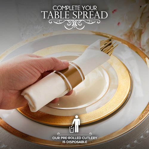 100 Pack Pre Rolled Gold Plastic Cutlery Set, Individually Wrapped Plastic Silverware Set with 100 Forks, 100 Knives, 100 Spoons, 100 Napkins, Disposable Utensils for Party and Wedding