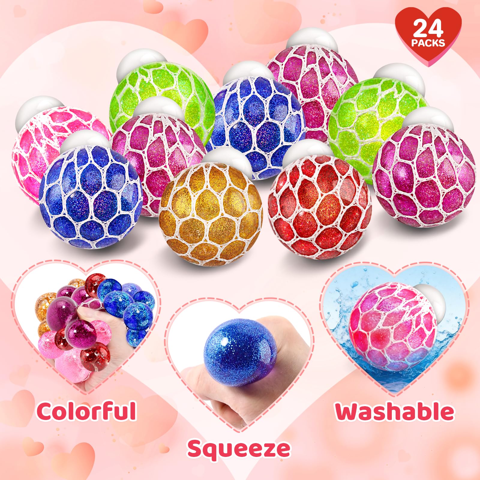 Hbjnnug 24 Pack Valentines Cards for Kids School Classroom, Kids Valentines Day Cards with Squeeze Ball Toys, School Classroom Valentines Day Gifts for Kids Exchange Valentine Party Favors Prize