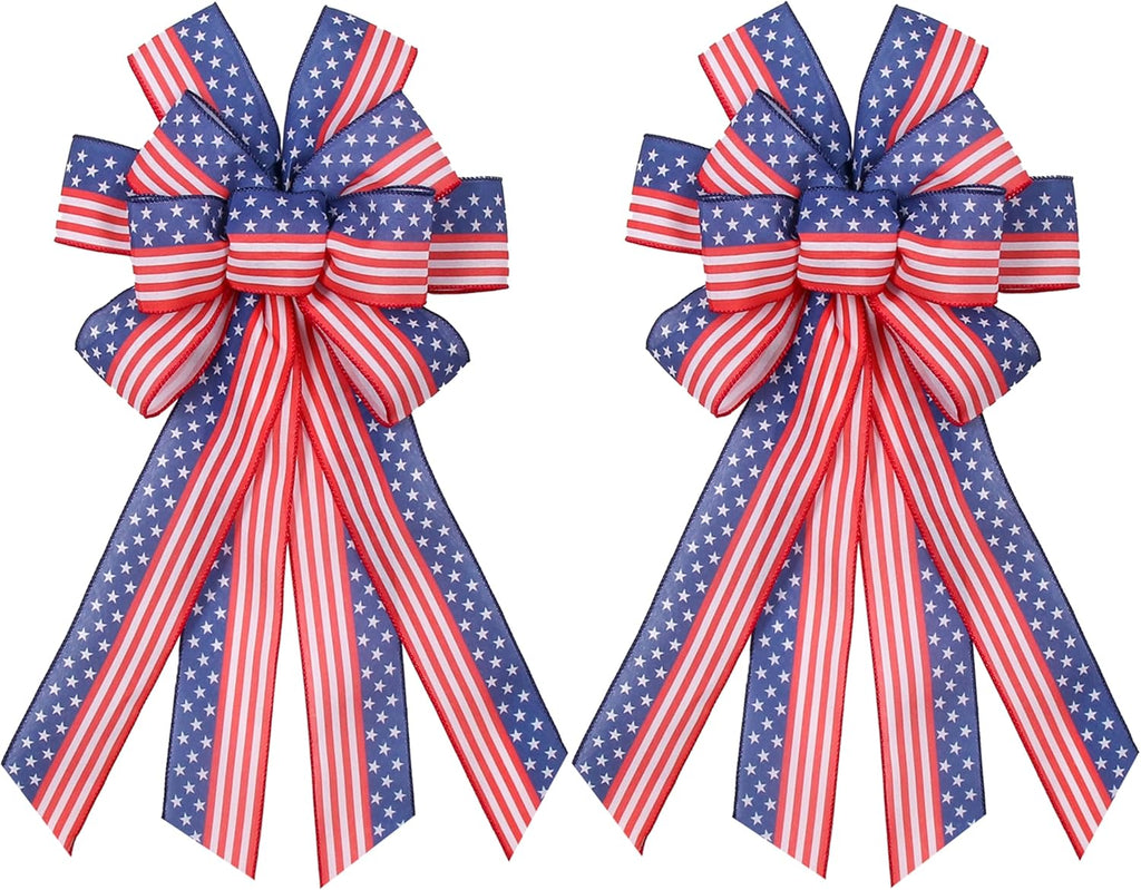 Skiennix Large Patriotic Wreath Bows - Star & Stripe American Flag Design | 20" x 12" Red & Blue Burlap for Holidays