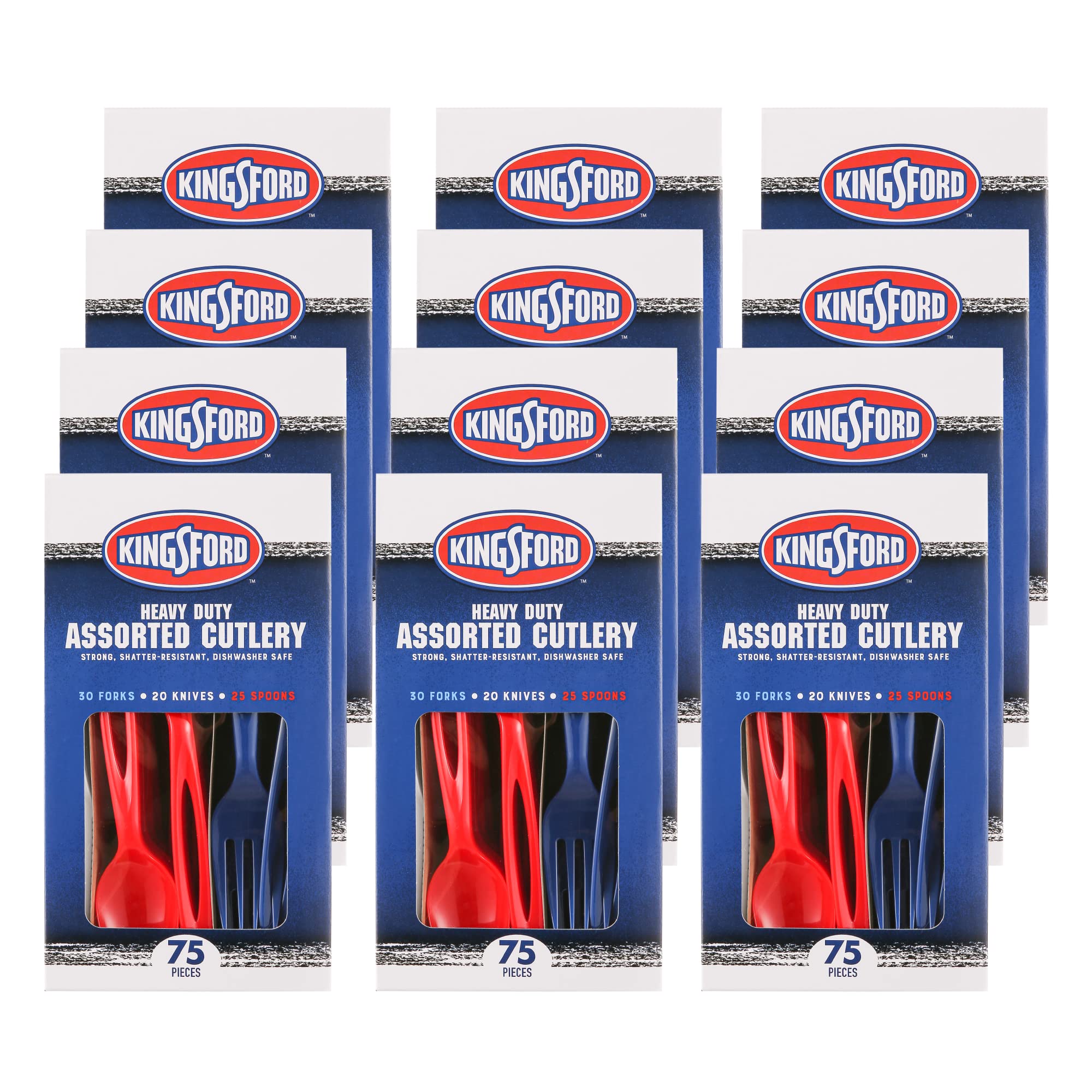 Kingsford Assorted Plastic Cutlery Set, Full Size Disposable Forks Knives & Spoons, Heavy Duty Reusable Dishwasher Safe Utensils for BBQ, Picnics, Parties & Daily Meals, Red White Blue, 75 Ct - 12 Pk