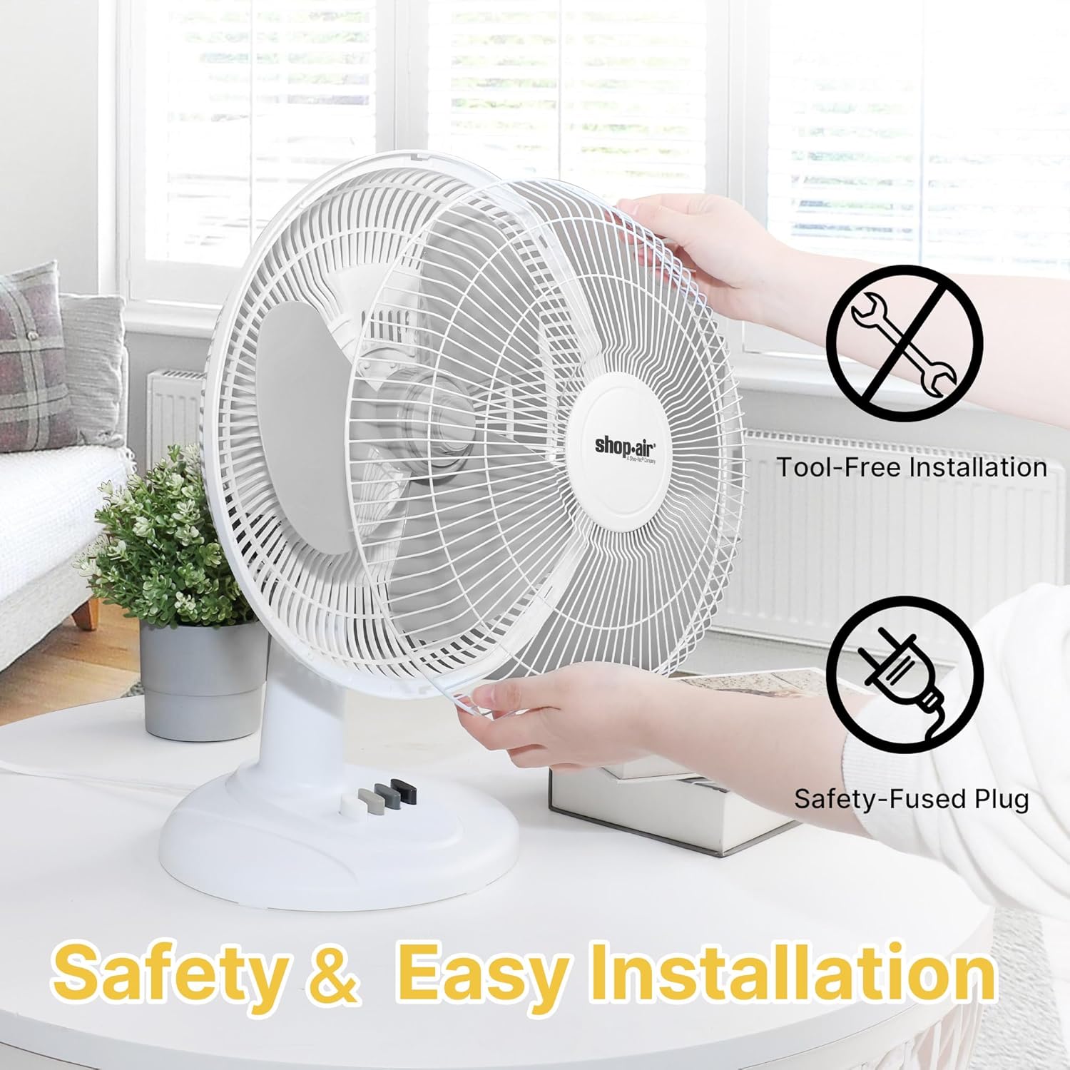 Shop-Air 12" Oscillating Table Fan - High-Velocity, Quiet Air Circulation | 3 Speeds, 70° Adjustable Head, White