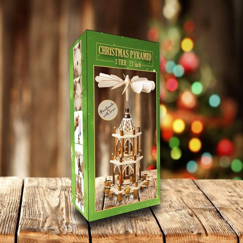 German Christmas Decoration Pyramid - 21-Inch Wooden Nativity Scene - 3-Tier Carousel with 6 Candle Holders