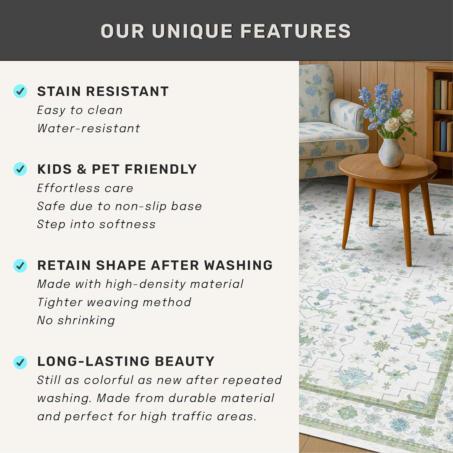 Regine Switzerland Large 8x12 Area Rug - Washable Non-Skid Geometric Floral Design in Cream Green