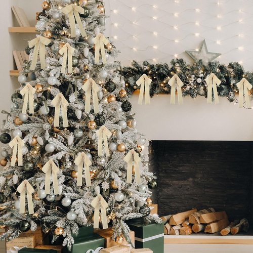 Beige Velvet Bows by [Brand Name] - 24 Pcs Christmas Tree Ornaments | Perfect for Home Decor & Weddings (5 x 7 Inch, 1 Inch Width)