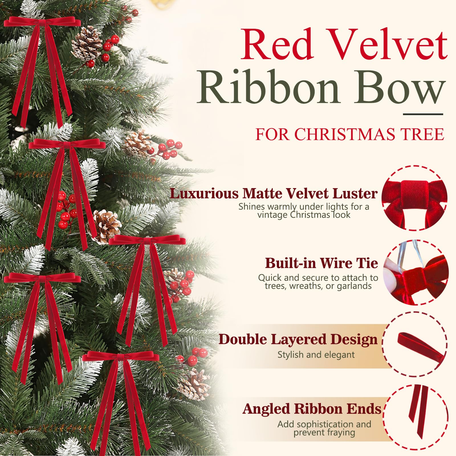 CUPLOOV 24 Pcs Christmas Bows for Tree, Red Velvet Ribbon Bow for Christmas Tree, Pre-Tied Vintage Xmas Bows for Xmas Trees Wreaths Gifts Wedding Indoor Outdoor Decorations, 5 x 7 Inch