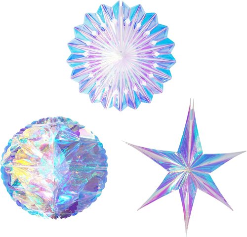 GREATRIL Iridescent Party Decorations - 3 PCS Honeycomb Ball, Paper Fan & Star Ornament Set