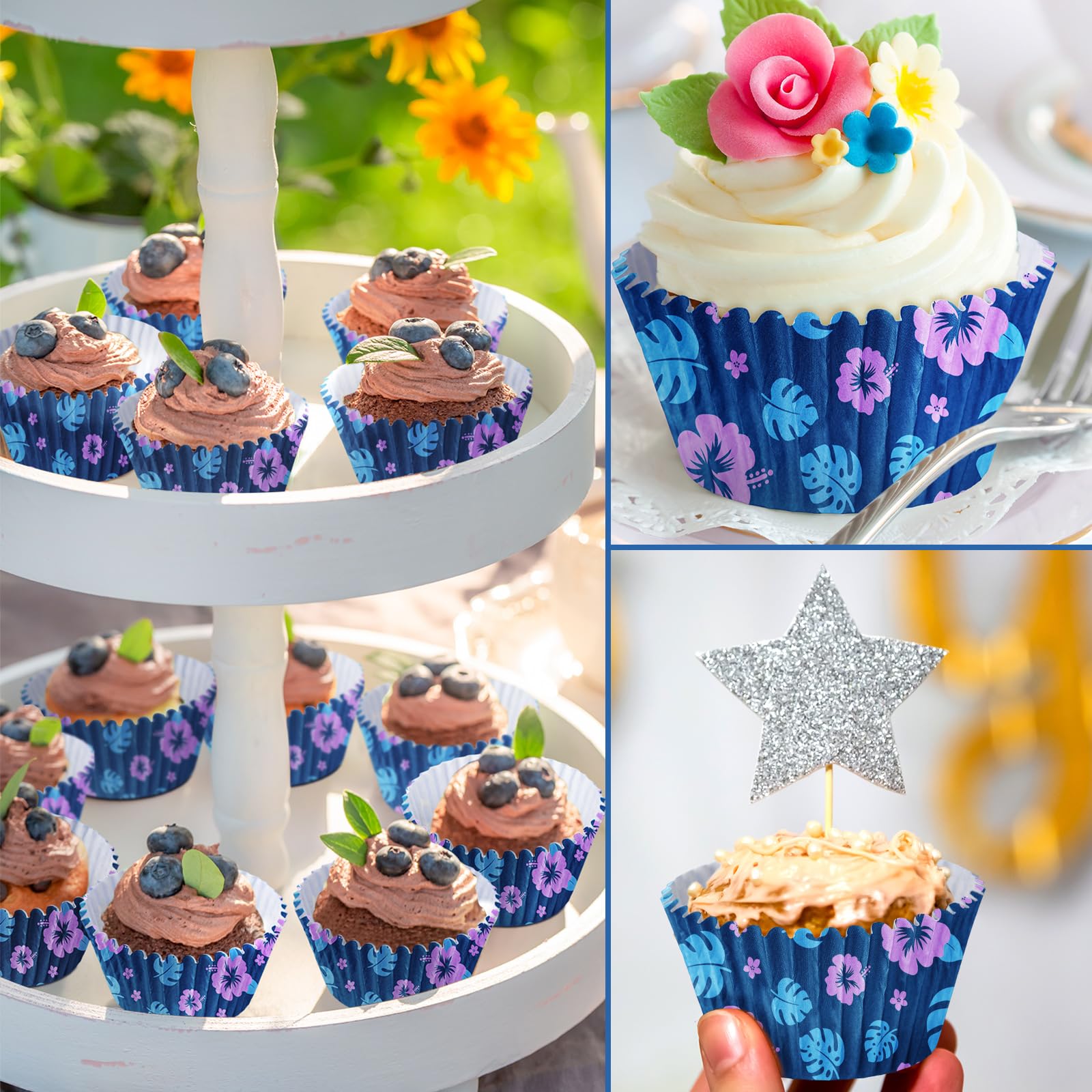 Tioncy 300 Pcs Hawaiian Cupcake Liners Tropical Cartoon Cupcake Liners Flowers and Leaves Tropical Themed Cup Cake Wrappers for Summer Birthday Party Supplies Cake Decoration
