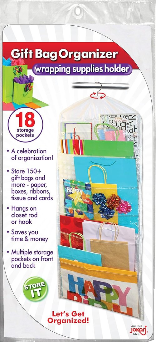 Jokari Gift Bag Organizer - Hanging Storage for Gift Bags, Bows & Ribbons - Clear Pockets for Easy Access