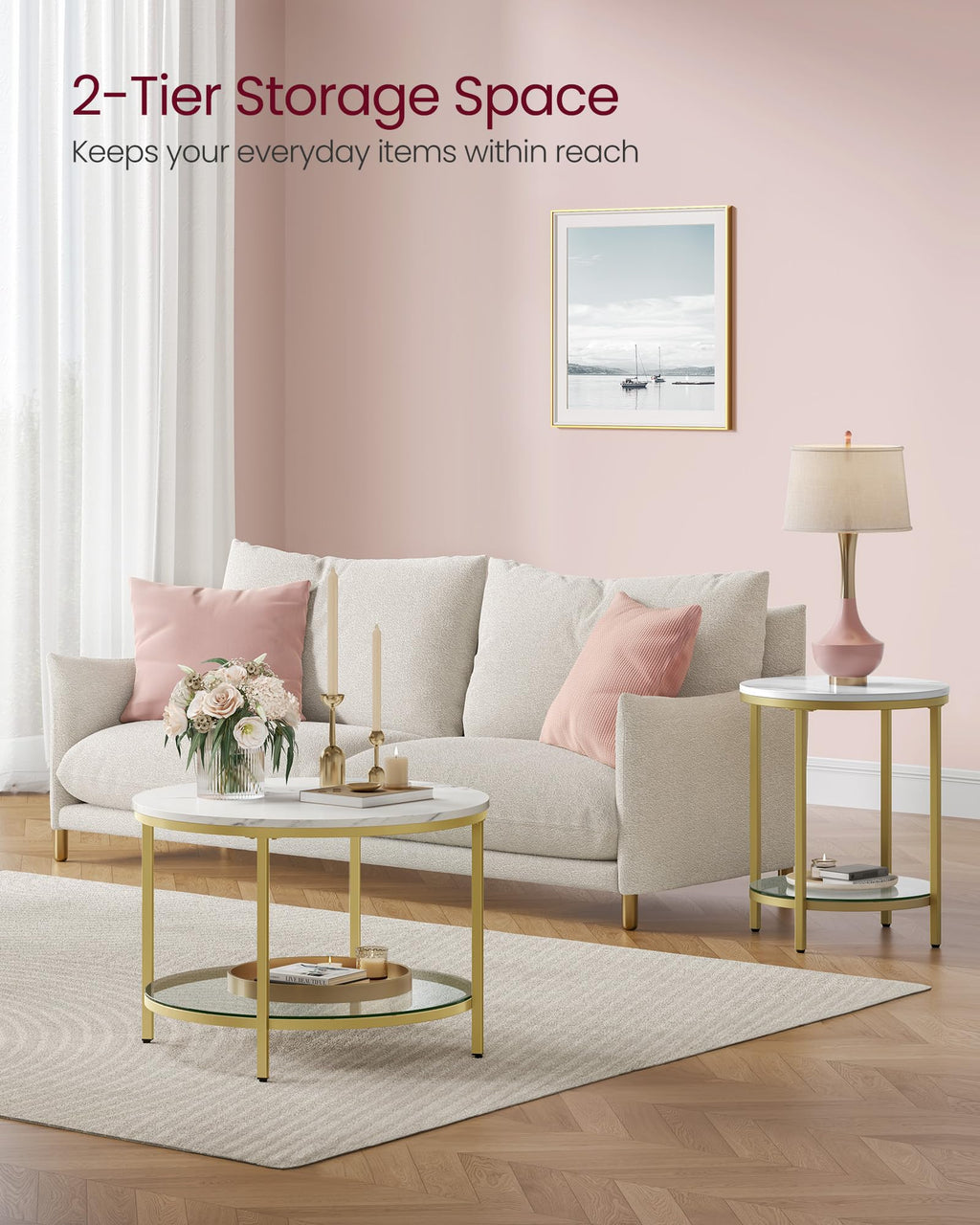 VASAGLE Round Coffee Table, 2-Tier Small Coffee Table with Faux Marble Top and Glass Shelf, Modern Style, for Living Room, 25.6 x 25.6 x 18.1 Inches, Marble White and Pale Gold ULCT072W59