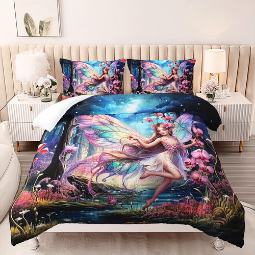 AILONEN Beautiful Butterfly Fairy Comforter Set,Magic Mushroom Duvet Set Queen Size, Mysterious Fairy Forest Theme Bedding Set Perfect for Kids Girls Bedroom,1 Quilt + 2 Pillow Case