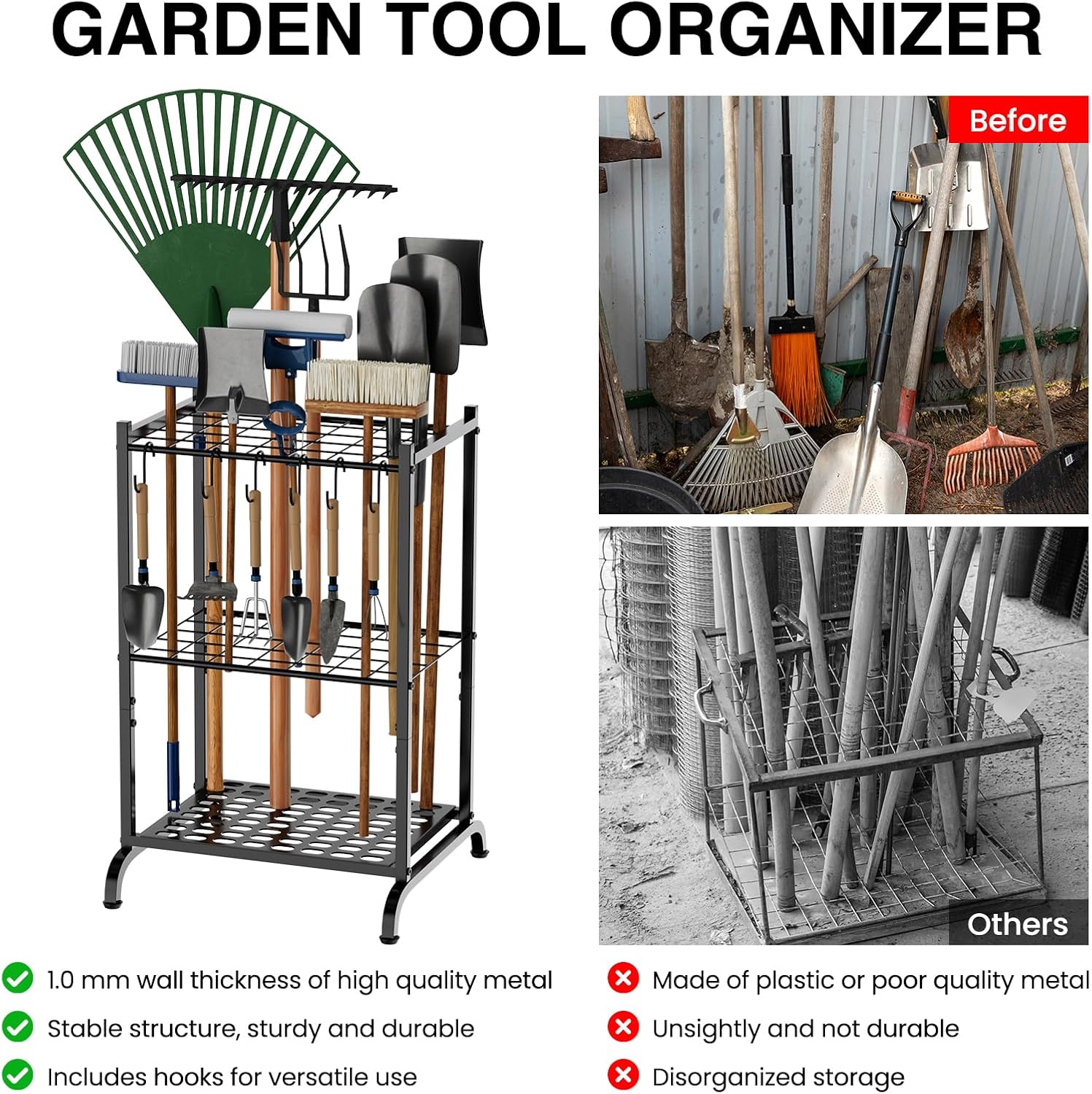 RANXFLOAT Garden Tool Organizer - Metal Tool Holder with 6 Hooks for Up to 35 Long-Handled Tools | Black